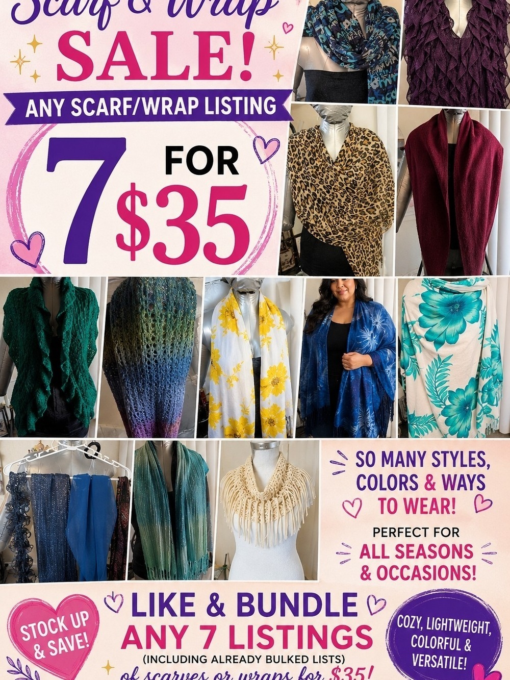 ❤️SALE 7 For $35- Assorted Women's Scarves & Wraps - Mixed Colors (Bundle Items)